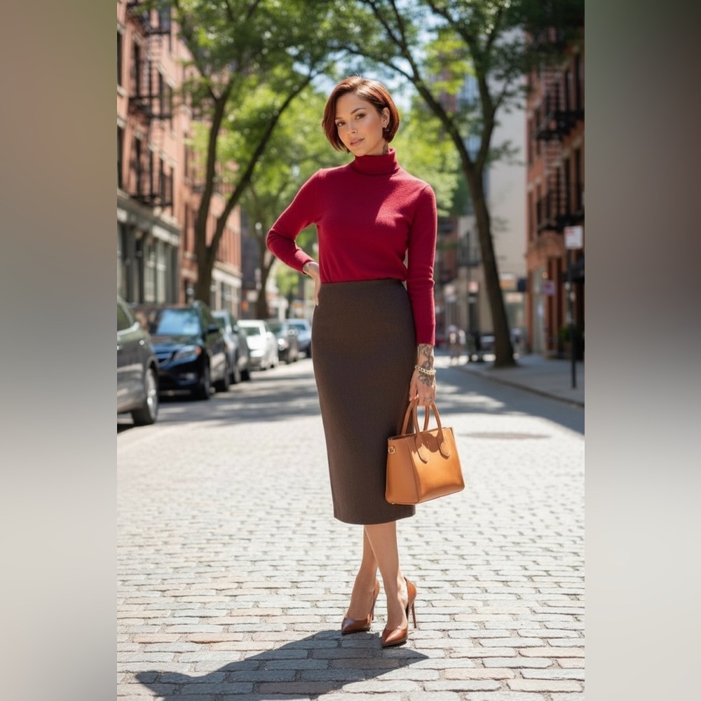 Chic Brown Pencil Skirt and a Banana Republic knit Sweater. Y2K Trending☑️